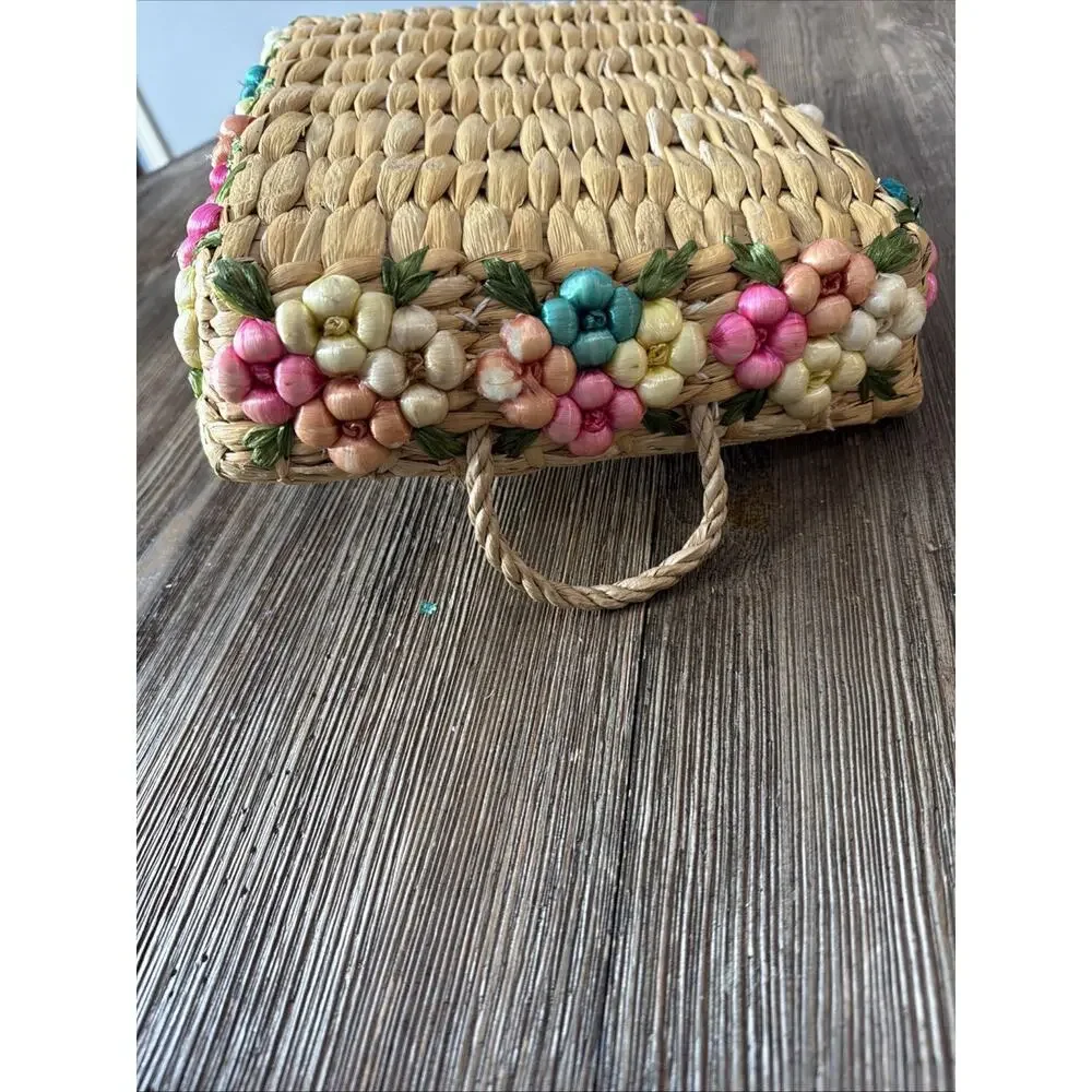 Vintage Casserole Dish Carrier Baskets Raffia With Flowers Set Of 3 Nesting